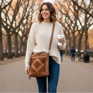 LUCKY BRAND SADDLE TAN PREMIUM LEATHER CROSSBODY BOHEMIAN BAG